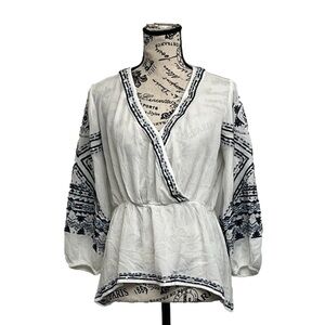 Christina V Boho Peasent Embroidered Cropped Blouse Vneck Sheer Peasent Womens M